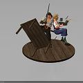 Adventurous Male And Female Characters With Sword Arrows And Cooking Pot On Wooden Stand Base