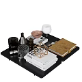 Decorative Ornament Set With Metal Geometric Ornaments Stacked Books Notebook On Black Tray Desktop Decor