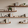 Modern Wooden Wall Shelves with Books Decorative Plants and Small Ornaments in Minimalist Room Interior
