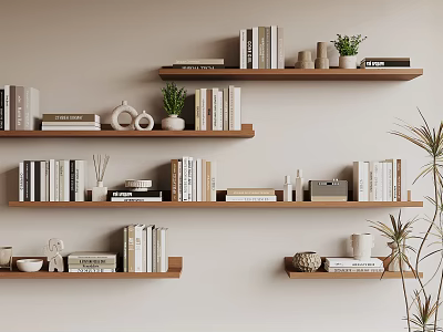 Modern Wooden Wall Shelves with Books Decorative Plants and Small Ornaments in Minimalist Room Interior 3d model