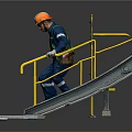 Metal Staircase With Yellow Handrails And Worker In Blue Work Uniform Orange Hard Hat