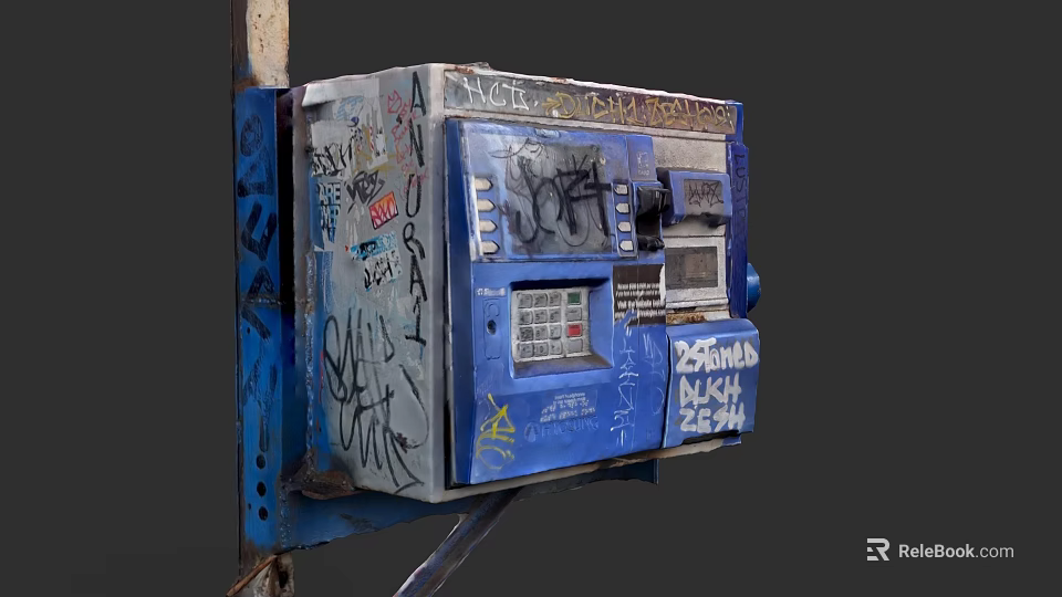 Old Blue ATM Machine Covered With Graffiti And Street Art Details 3d model 