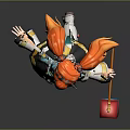 Game Anime Character with Orange Long Hair Blue White Outfit Yellow Skirt Holding Colorful Box