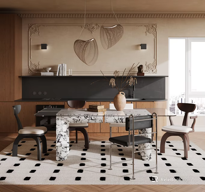 Elegant Restaurant Interior With Marble Dining Table Different Style Chairs And Leaf Shaped Wall Decor 3d model 