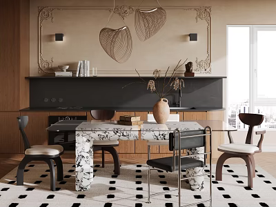 Elegant Restaurant Interior With Marble Dining Table Different Style Chairs And Leaf Shaped Wall Decor 3d model