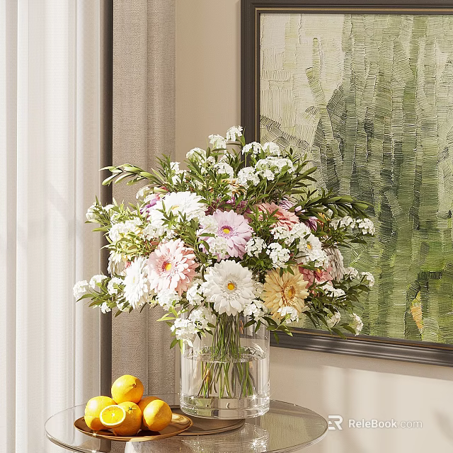 Beautiful White Pink Yellow Flowers in Glass Vase with Green Leaves near Curtain and Painting 3d model 