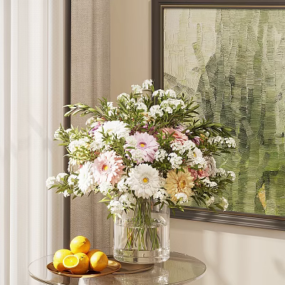 Beautiful White Pink Yellow Flowers in Glass Vase with Green Leaves near Curtain and Painting 3d model