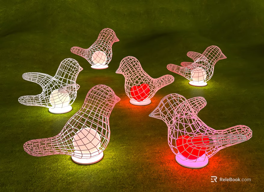 Bird Shaped Outdoor Lights With Wire Mesh Design And Colorful LED Glow 3d model 