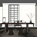 Modern Elegant Tea Room Interior With Wooden Table Tea Sets And Decorative Shelves