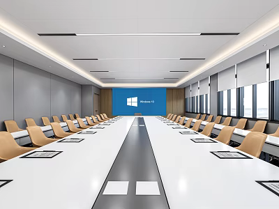 Modern Conference Room Interior Design With Long Table Beige Chairs And Blue Projection Screen 3d model