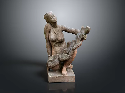 Artistic Kneeling Woman Sculpture Holding Flowers With Intricate Details And Square Stone Base 3d model