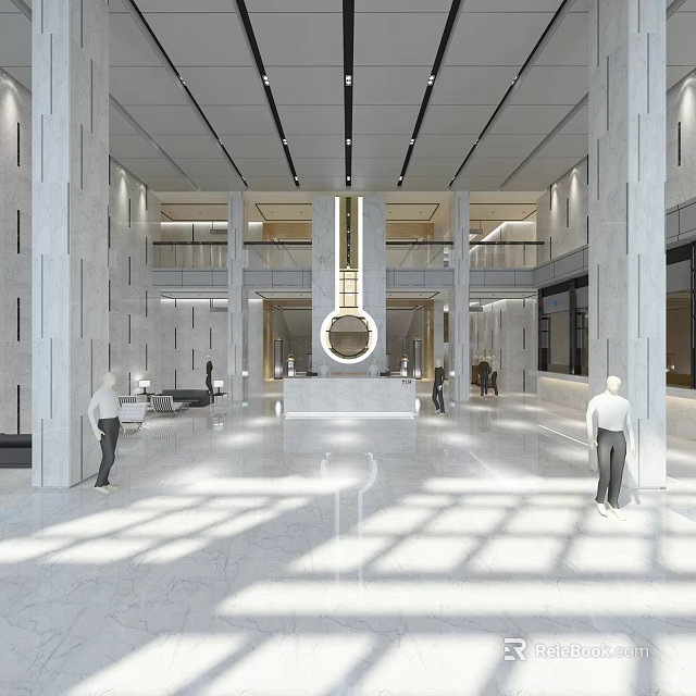 Modern Office Corridor With High Ceiling Marble Flooring And Lighting Design 3d model