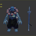 Turtle Humanoid Character With Green Spotted Skin Red Ball Necklace Black Pants And Spear Beside