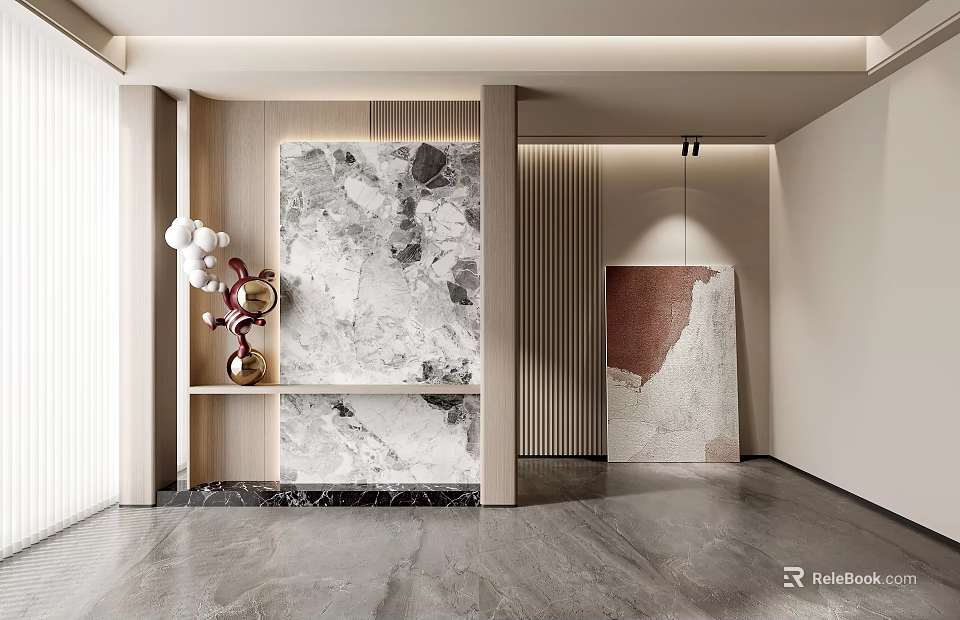 Modern Minimalist Entryway Hallway With Marble Wall Decorative Painting And Decorative Pieces 3d model 