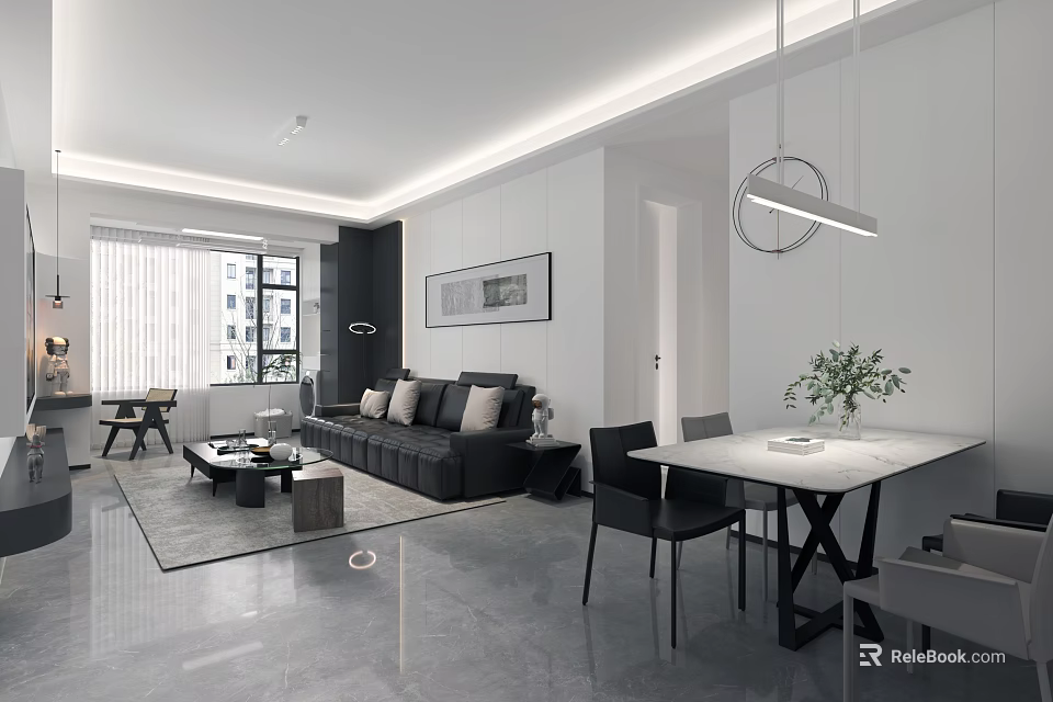 Modern Living and Dining Room Interior With Grey Sofa Glass Coffee Table And Dining Chairs 3d model 