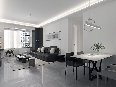 Modern Living and Dining Room Interior With Grey Sofa Glass Coffee Table And Dining Chairs 3d model