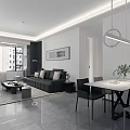 Modern Living and Dining Room Interior With Grey Sofa Glass Coffee Table And Dining Chairs