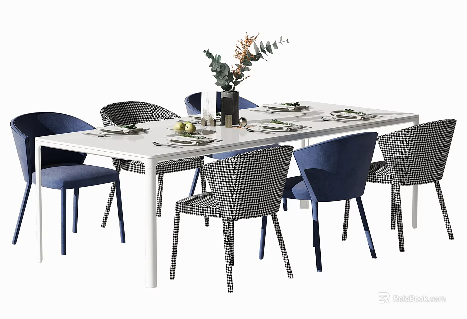 Rectangular White Dining Table Set With Blue Checkered Chairs Vase Green Plants And Tableware 3d model