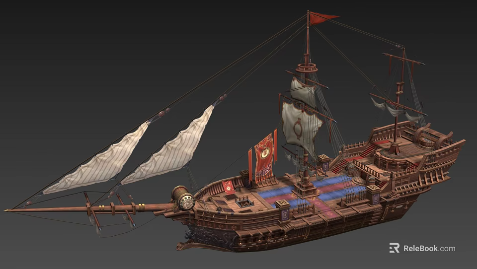 Vintage Wooden Sailing Ship With Multiple White Sails Red Flags And Decorative Deck 3d model 