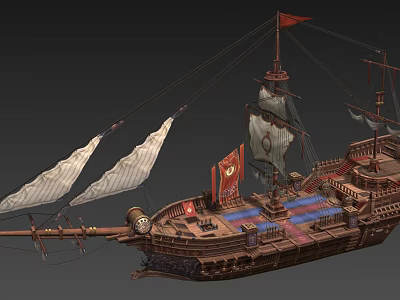 Vintage Wooden Sailing Ship With Multiple White Sails Red Flags And Decorative Deck 3d model