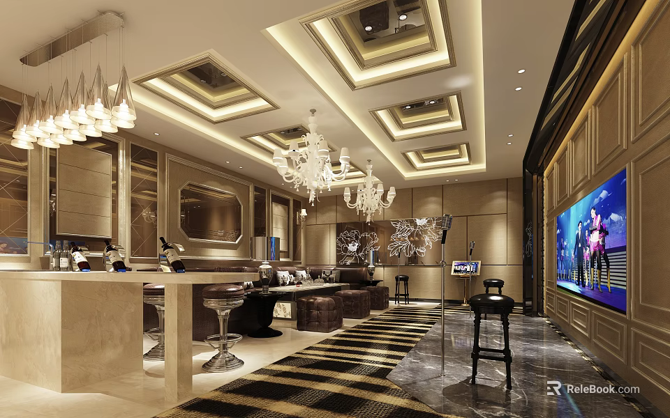Luxury KTV Interior Design With Chandeliers Sofa Bar And Large Screen 3d model 