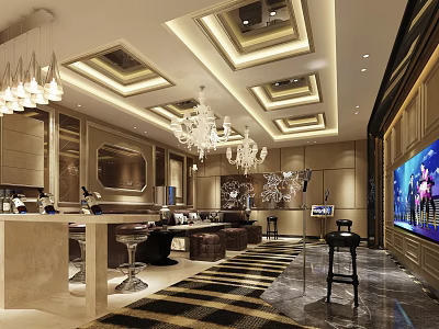 Luxury KTV Interior Design With Chandeliers Sofa Bar And Large Screen 3d model