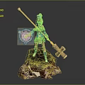 Red Haired Character With Blue White Outfit Holding Staff And Glowing Magic On Mossy Base