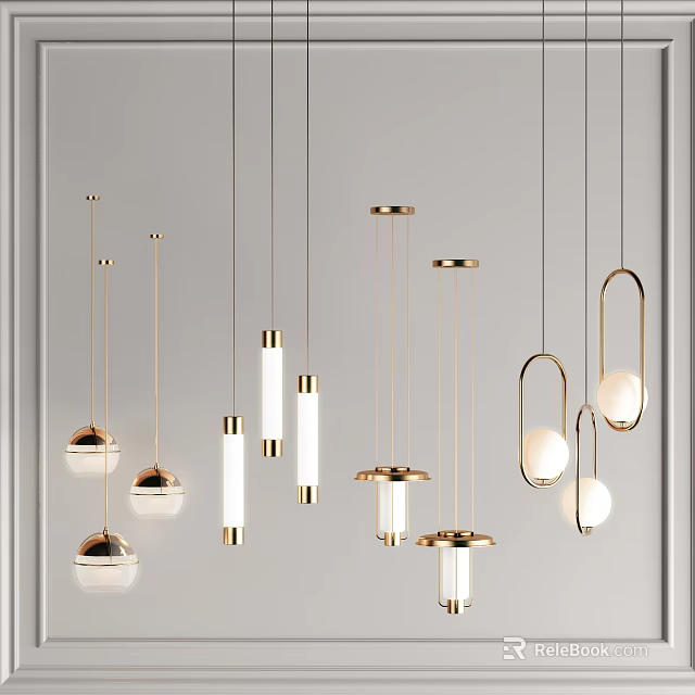 Modern Pendant Lights With Golden Metal Frames And Various Shapes For Interior Design 3d model 