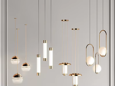 Modern Pendant Lights With Golden Metal Frames And Various Shapes For Interior Design 3d model