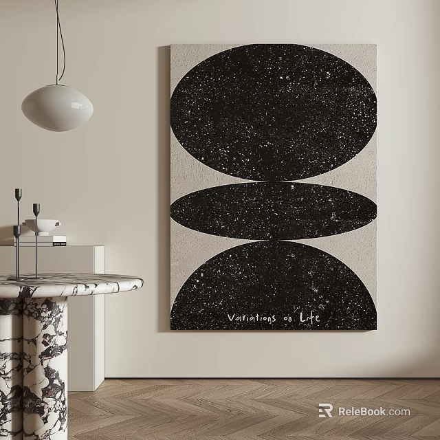 Artwork with Three Black Oval Shapes on Light Background Pendant Light and Marble Side Table 3d model