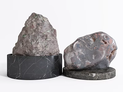Decorative Ornament Set Featuring Conical And Irregular Stone Pieces On Marble Bases 3d model