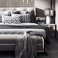 Modern Elegant Bedroom With Double Bed Vertical Slats Headboard Gray Curtains And Decorative Pillows