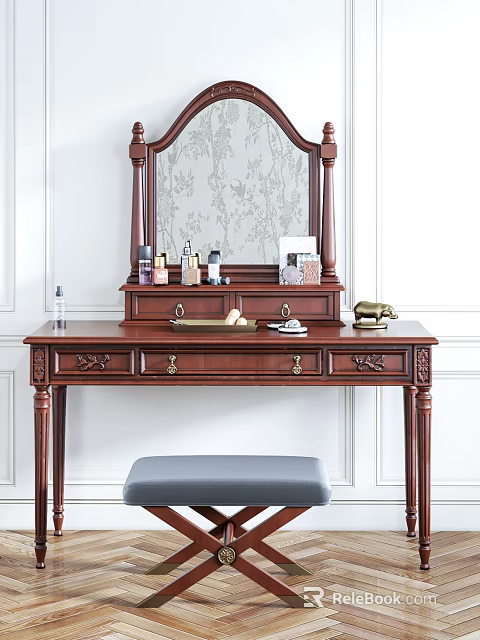 Vintage Wooden Dressing Table With Carved Details Decorative Mirror Cosmetics And Gray Stool 3d model 