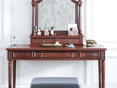 Vintage Wooden Dressing Table With Carved Details Decorative Mirror Cosmetics And Gray Stool 3d model