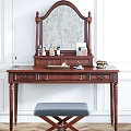 Vintage Wooden Dressing Table With Carved Details Decorative Mirror Cosmetics And Gray Stool