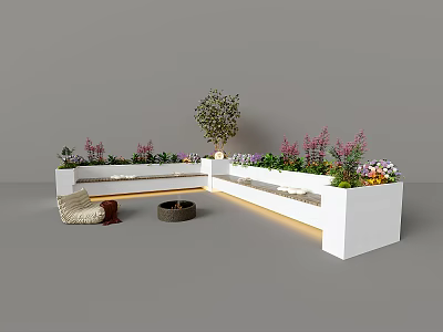 Outdoor Plant Combination With White Planters Various Plants Small Tree Chair And Fire Pit 3d model