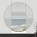 Elegant White Curtains For Circular Window With Ocean View And Indoor Branch Vase