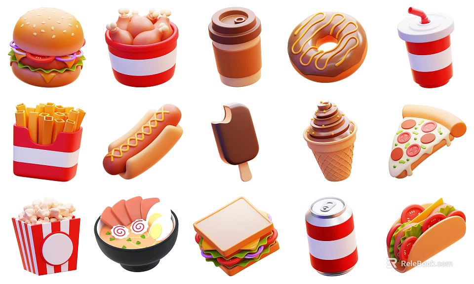 Assorted Tasty Food Selection Featuring Burgers Fried Chicken Donuts Ice Cream And Pizza 3d model 