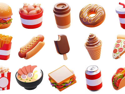 Assorted Tasty Food Selection Featuring Burgers Fried Chicken Donuts Ice Cream And Pizza 3d model