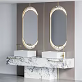 Luxury Bathroom Vanity With Double Oval Gold Frame Mirrors And Marble Countertop White Sinks