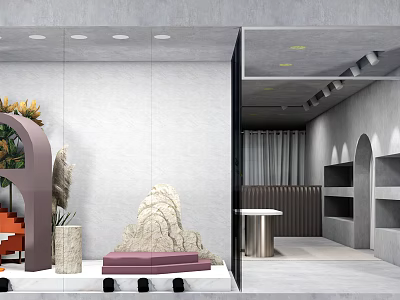 Modern Window Display Merchandising With Art Sculptures Display Tables Green Plants And Lighting Design 3d model