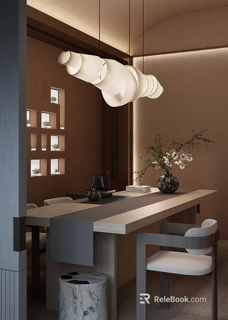 Elegant Modern Tea Room Interior With Wooden Table Tea Set And Decorative Vase 3d model 