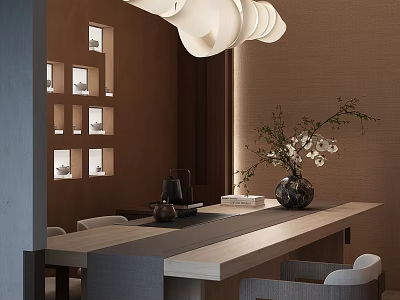 Elegant Modern Tea Room Interior With Wooden Table Tea Set And Decorative Vase 3d model
