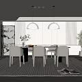 Modern Restaurant Interior Featuring White Dining Table Chairs Pendant Lights Large Windows Rug And Plant