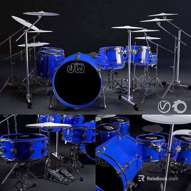 Complete Blue Drum Set With Cymbals And Drumsticks For Musical Instrument 3d model 