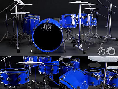 Complete Blue Drum Set With Cymbals And Drumsticks For Musical Instrument 3d model