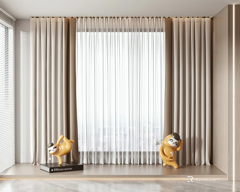 Modern Beige Layered Curtains With Sheer Panels And Decorative Figurines On Window Sill 3d model 