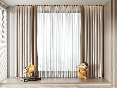 Modern Beige Layered Curtains With Sheer Panels And Decorative Figurines On Window Sill 3d model