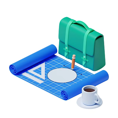 Decorative Ornament Set With Green Bag Blue Rolled Grid Mat Compass Pencil And Coffee Cup 3d model