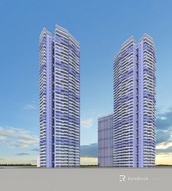 Tall Modern Residential Buildings With Glass Facades And Balconies Under Blue Sky 3d model 
